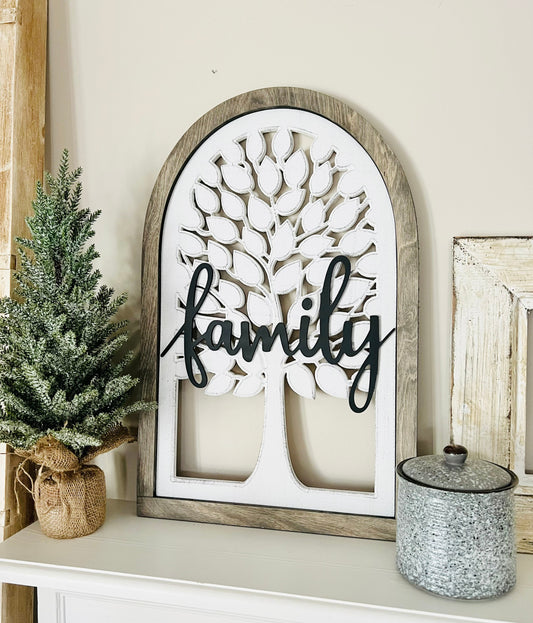 Family tree sign with last name or the word "family". Customize by size and color.