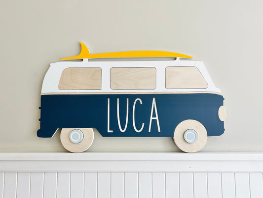 Nursery name sign retro bus for beach themed room, personalized with your baby's name